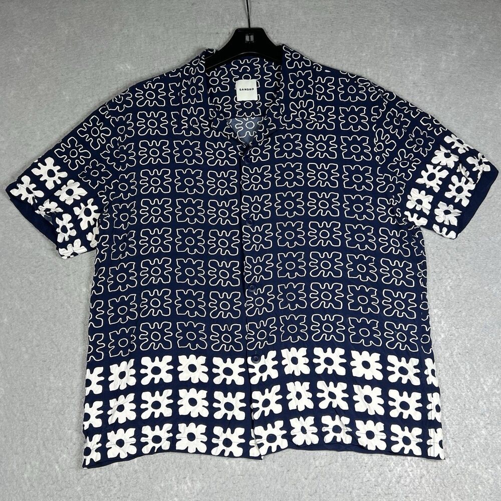 Sandro Andy Vintage Flower Camp Shirt Mens XL Navy Blue Short Sleeve Button Down